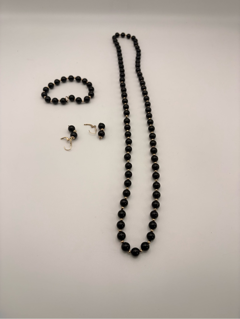 Vintage 14K Gold Black Onyx 3pc Necklace Bracelet Earrings Set 65g
